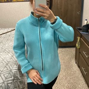 zip up ribbed sweater turquoise color
